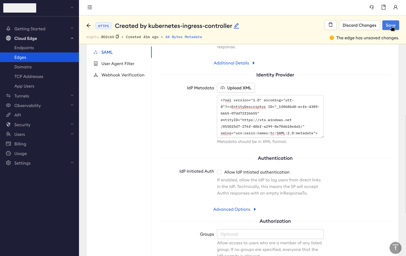 Updating the existing SAML configuration